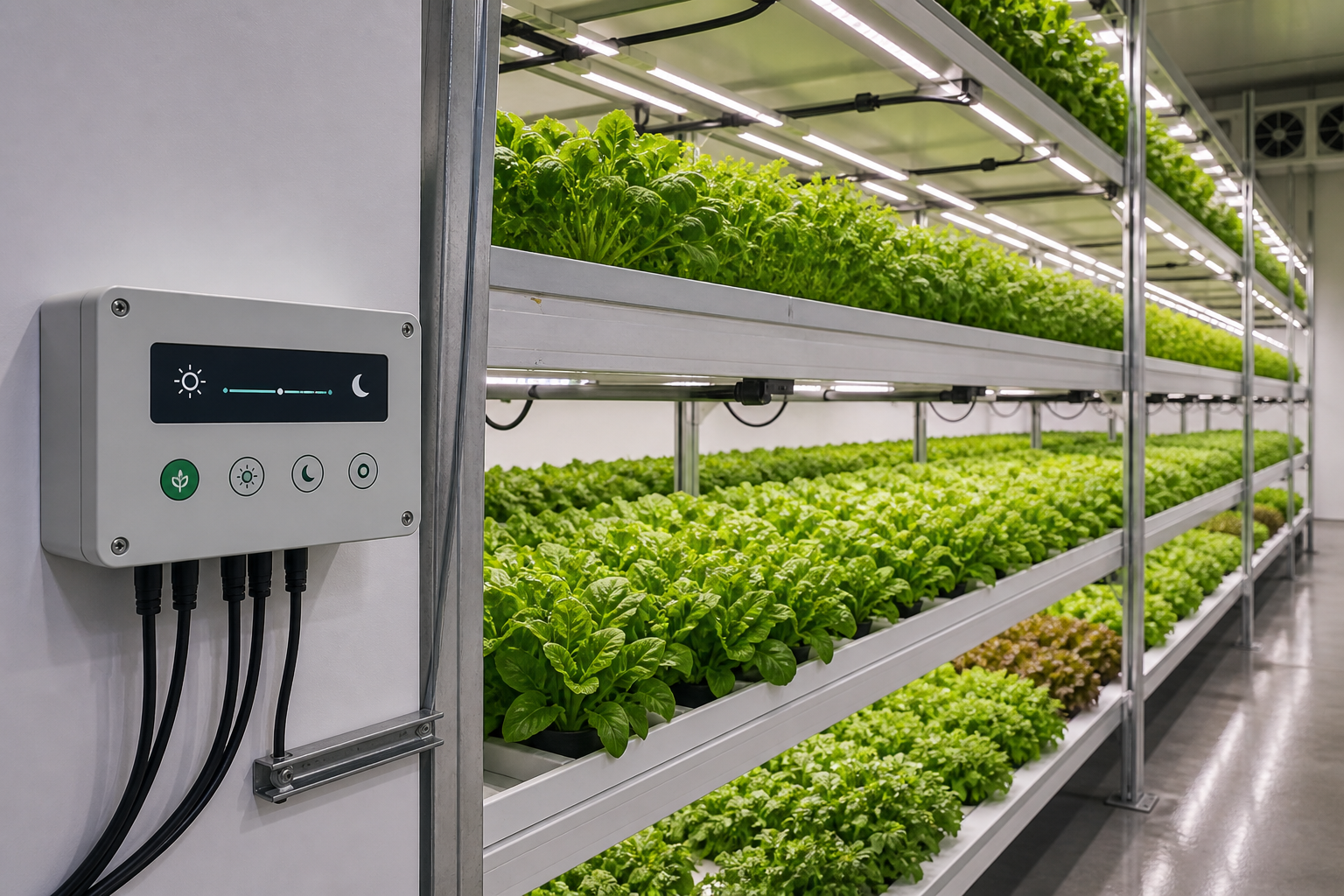 Automated dimming and day-night scheduling for LED grow lights in a vertical leafy-green farm