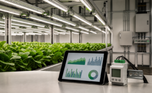 Commercial indoor farm with LED grow lights, an energy meter, and a tablet displaying electricity-use charts