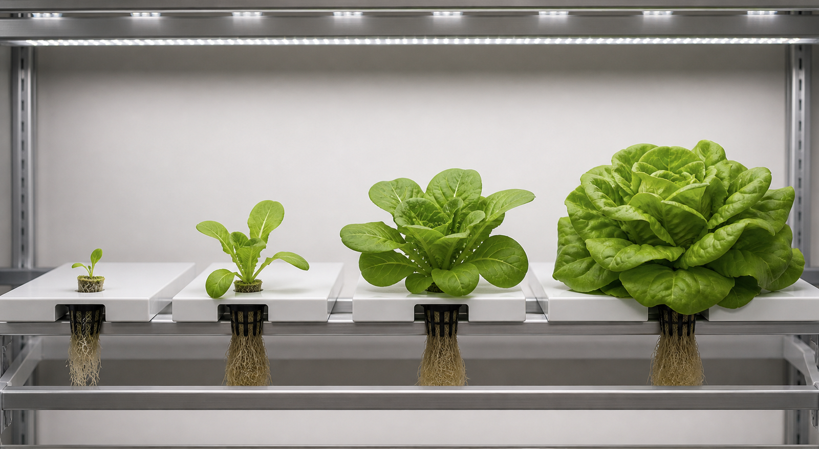 Four lettuce growth stages under uniform white LED lighting, from plug to harvest-ready head