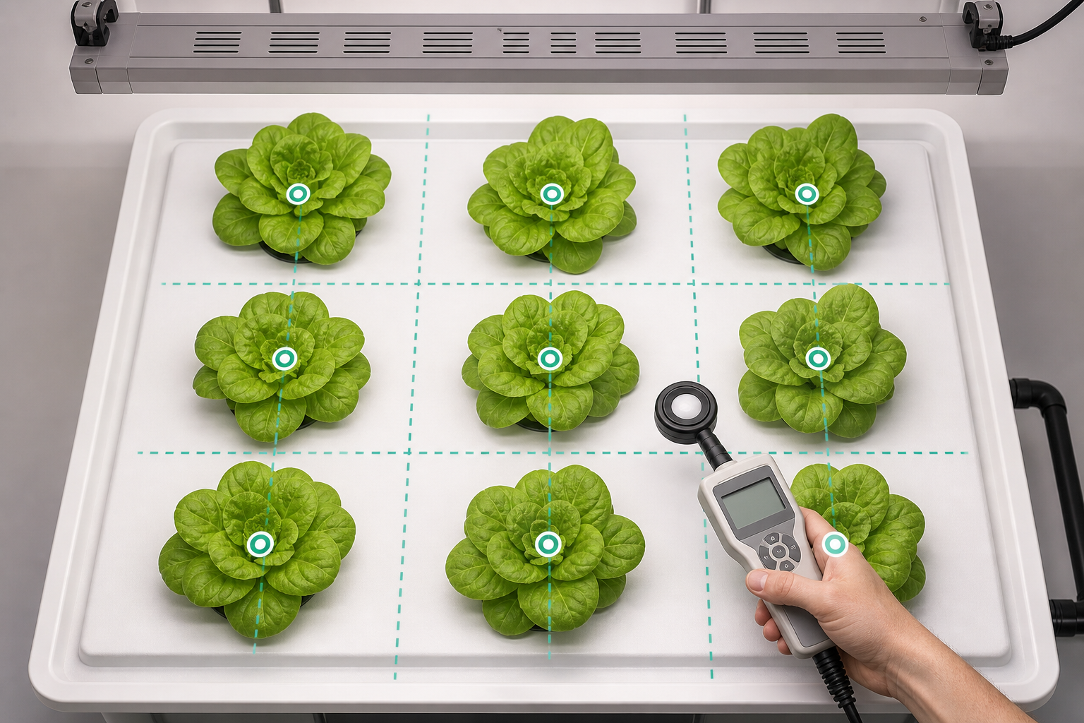 Nine-point PPFD canopy mapping method across a hydroponic lettuce tray