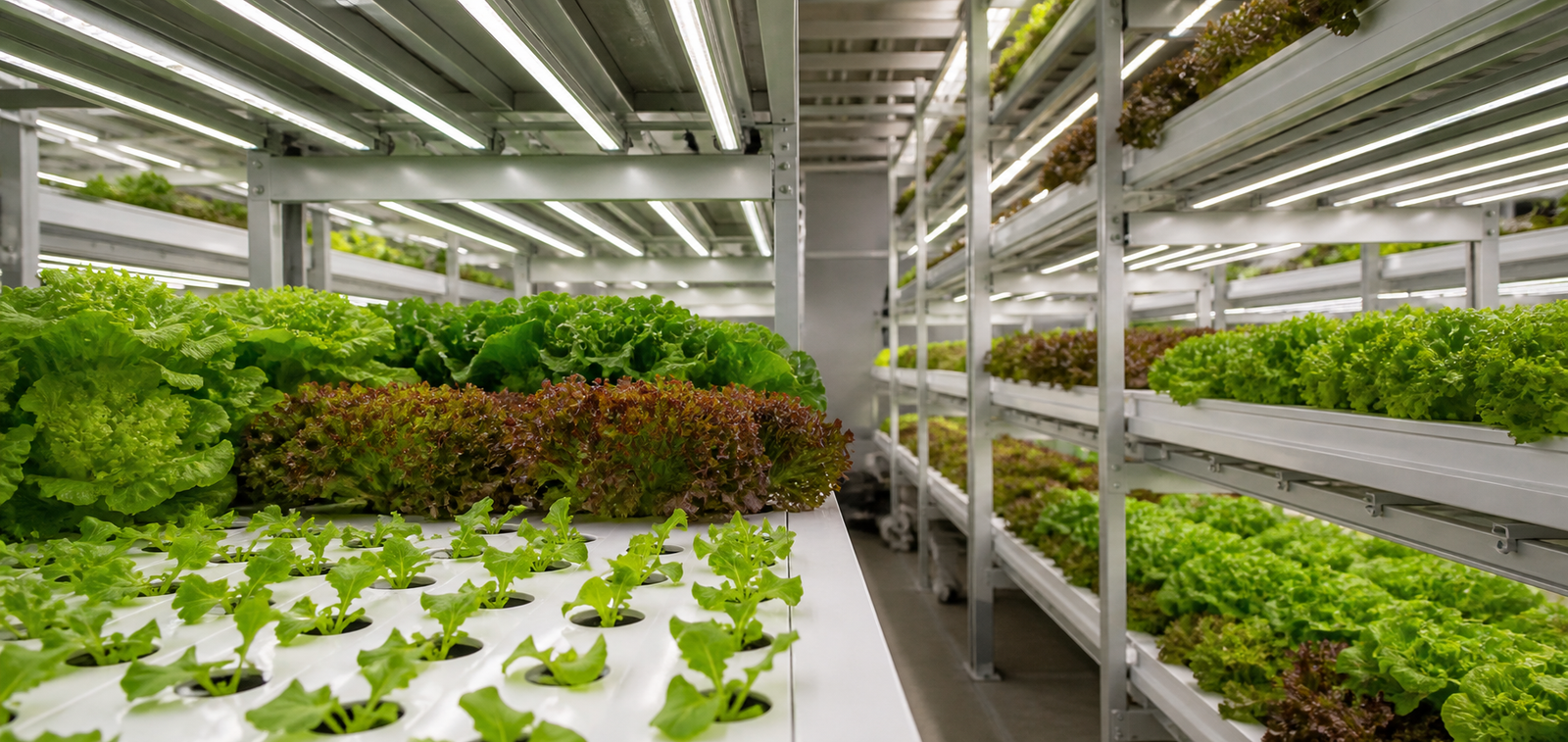 Commercial indoor vertical farm growing lettuce at several stages under white LED grow lights