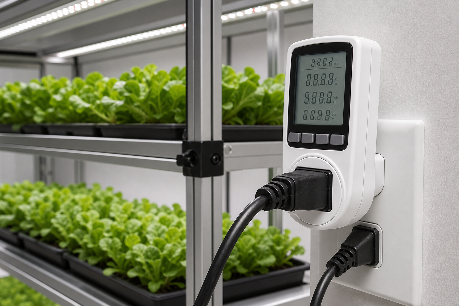 Inline energy meter measuring the actual wattage of an LED grow light on a leafy-green rack